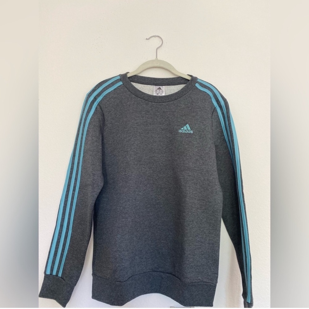 NWT Womens Adidas Gray Crewneck Long Sleeve w/ Blue Signature Stripes Size XS